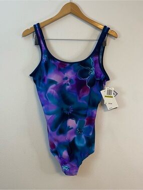 Speedo Floral Purple Blue One Piece Swimsuit NWT Womens 14